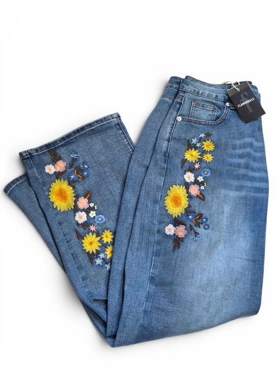 Flamingals Denim - NWT Flamingals Floral Embroidered Wide Leg Jeans Medium Blue High Waisted Boho